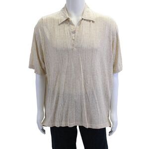 Jhane Barnes Mens Linen Short Sleeve Collared Button Printed Polo T-shirt Cream